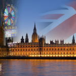 UK Gambling Law With Flag and Gambling Slot Machines